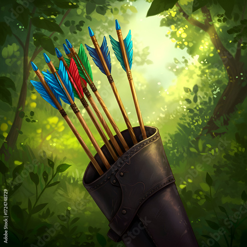Colorful arrows in a leather quiver in a lush forest. A collection of brightly colored arrows resting in a dark leather quiver, nestled amidst a vibrant green forest backdrop.