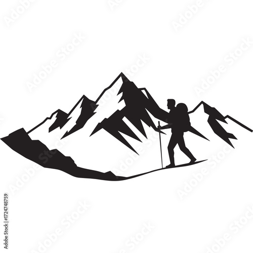 Hiker with backpack on a mountain ridge silhouette Keywords: hiker, man, silhouette, walking