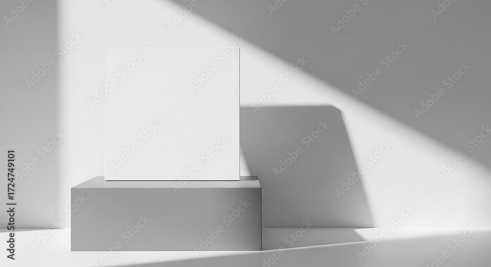 Fototapeta premium A grayscale, minimalist display features a blank square canvas resting atop a gray cube, highlighting the play of light and shadow.