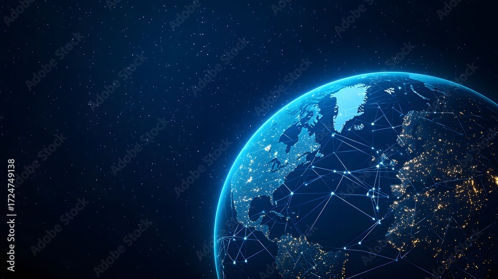Obraz premium The image displays a stylized view of Earth in space, with interconnected lines emphasizing global networks and cities glowing. It's a visualization of global connectivity.