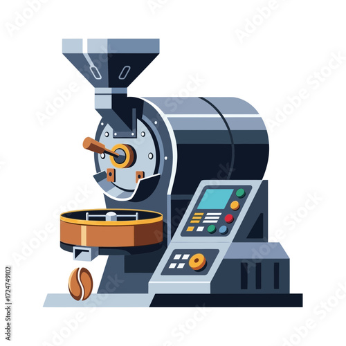 Illustration of a coffee roasting machine with a control panel and a coffee bean.