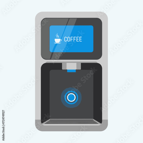 Illustration of a modern coffee maker with a blue screen displaying 'Coffee'.
