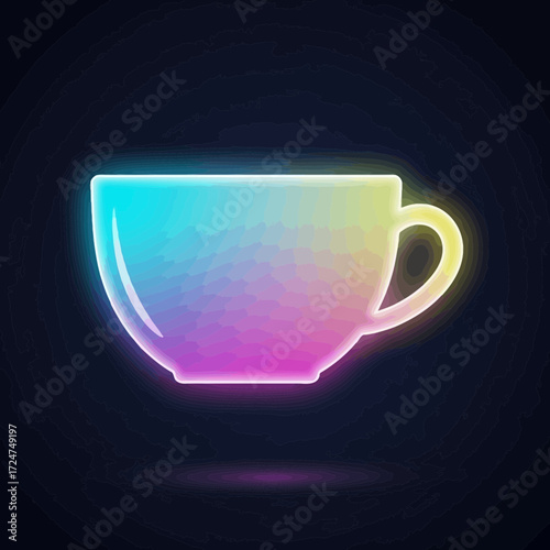 Neon-lit teacup illustration with vibrant gradient colors on a dark background.