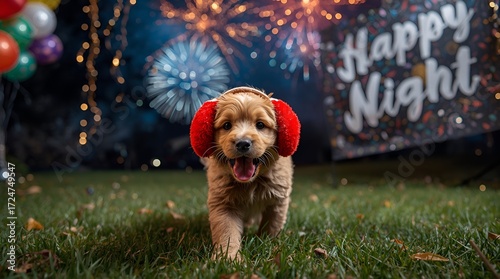 Outdoor Party Scene with a Playful Puppy Wearing Accessories