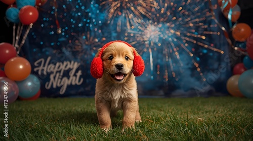 Outdoor Party Scene with a Playful Puppy Wearing Accessories