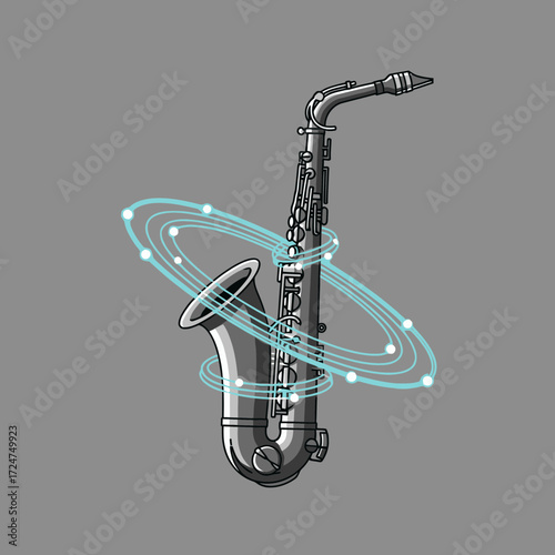 Illustration of a saxophone with glowing rings around it on a gray background.