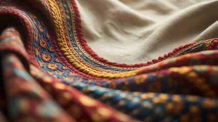 Close-up of intricately patterned textile with vibrant colors and detailed embroidery