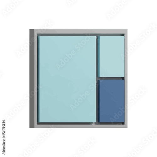Abstract wall art with blue and light blue squares in a gray frame.