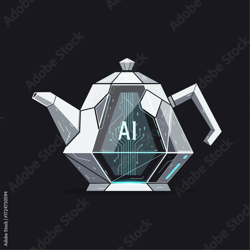 Futuristic teapot with AI inscription and circuit board design on a dark background.