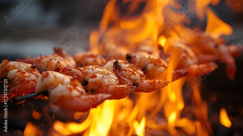 Closeup of Succulent Grilled Shrimp Skewers Sizzling