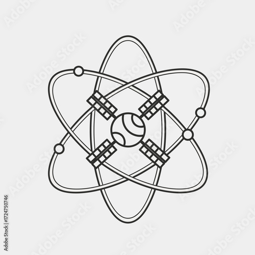 Atom symbol with orbiting electrons and a central nucleus.