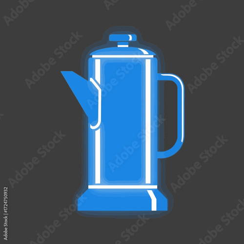 Blue coffee pot illustration with a glowing effect on a dark background.