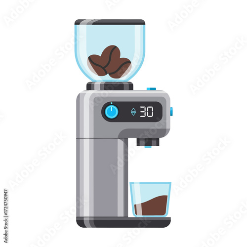 Coffee grinder with beans and ground coffee in a glass.