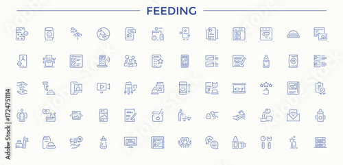 Set of Feeding line icon. Contains such icons as babies product, baby, meal, babies food, nourishment, feed and more. Set of line pictogram. Child Food icon set. Pixel perfect. Editable vector.