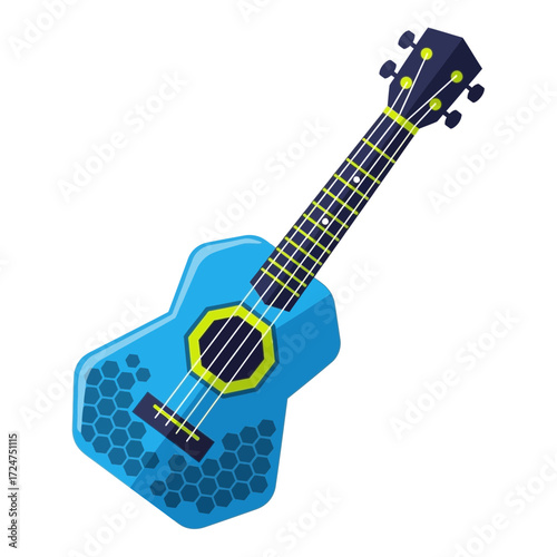 Illustration of a blue ukulele with a hexagonal pattern on the body and a dark blue headstock.