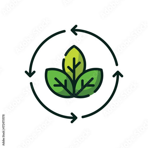 Recycling symbol with three green leaves in the center