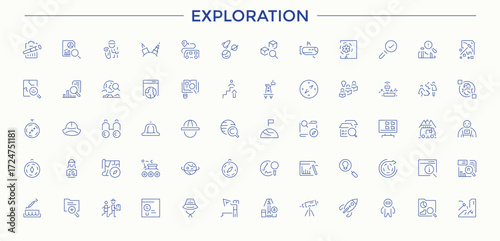 Set of Exploration line icon. Contains such icons as travel, journey, climbing, camp and more. Minimalist linear icons. Climbing icon set. Vector illustration.