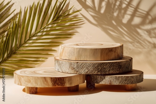 Wooden podiums with palm leaf shadows
