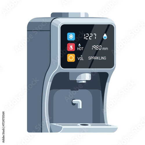 Modern water dispenser with digital display and multiple water options.
