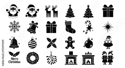 Cohesive Traditional Christmas Celebration Black Vector Silhouette Set Holiday Graphics