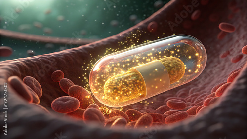 A microscopic view of the gut cells absorbing nutrients, small fluorescent molecules of vitamins and energy flowing into the cells, creating a sense of dynamic movement and flow.