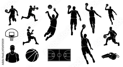 Dynamic Basketball Icons Flat Graphic Style Set Capturing Peak Game Action Moments
