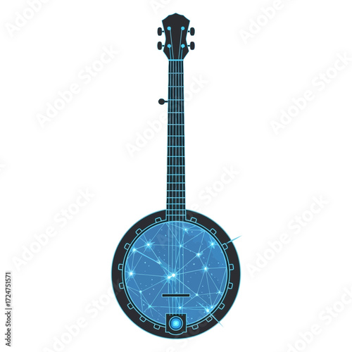 A digital illustration of a banjo with a futuristic, interconnected design.