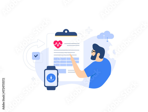 Healthcare monitoring with wearable watch technology and cloud data. Man doctor analyzing heart rate and fitness tracking data from smartwatch connected to medical report for remote health management