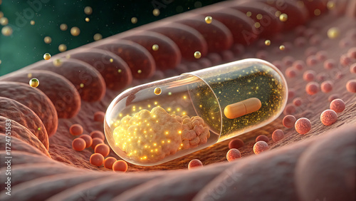 Bright orange vitamin C molecules are being absorbed into intestinal cells, creating a glowing, energizing effect.