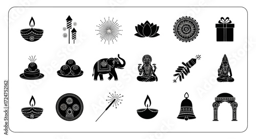 Radiant Festive Diwali Celebration Black Vector Silhouette Set of Religious Icons
