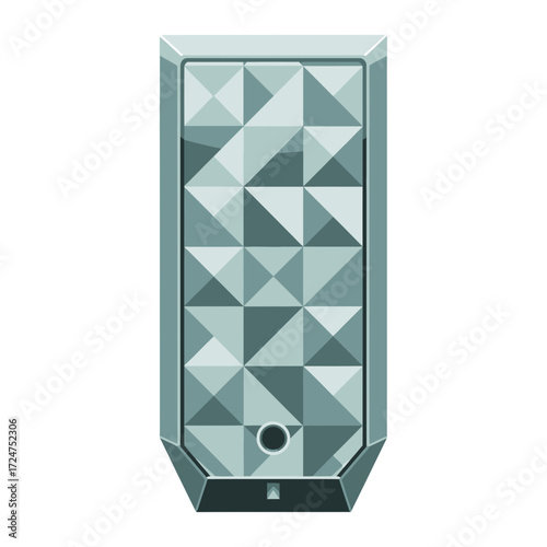 Silver geometric pattern on a rectangular device with a small circle.