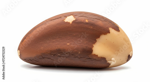 A single, large Brazil nut with its distinctive brown shell and creamy white interior is presented against a clean white background.