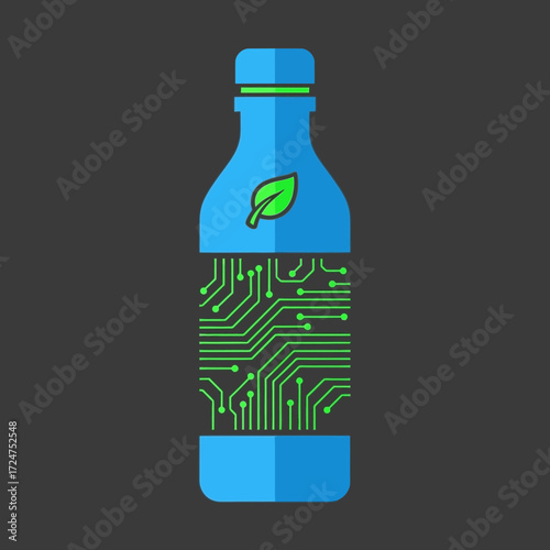 Eco-friendly technology: A blue bottle with a green leaf and circuit board design.