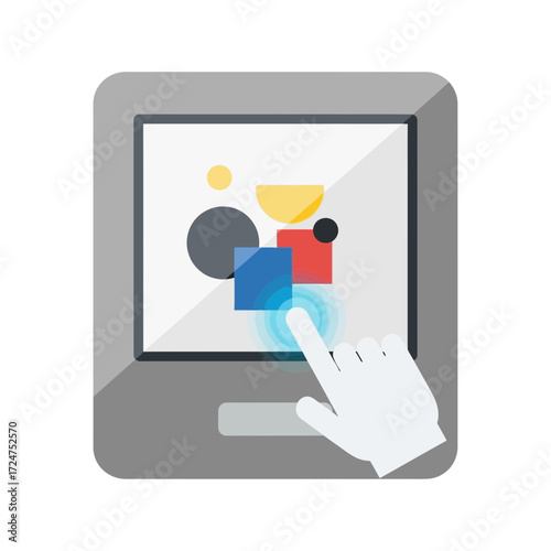 Interactive kiosk with touch screen and hand interacting with the display.