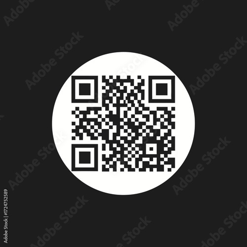 QR code on a white circle against a black background, digital information.
