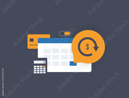 Subscription payment concept with automated membership fee billing system. Annual subscription and monthly payment process for digital services and online business vector illustration