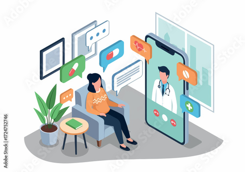 A woman having an online therapy session or medical consultation via video call with a doctor on her smartphone from the comfort of home
