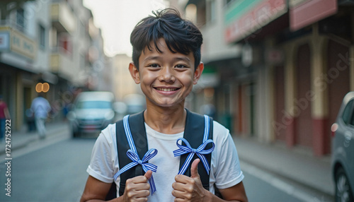  Smiling boy with backpack on city street.
