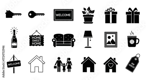 Welcoming Cozy Housewarming Party Black Vector Silhouette Set Home Icons