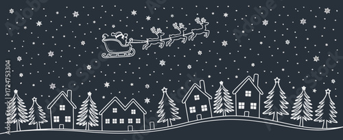 Christmas seamless border with Santa Claus riding sleigh across night sky. White silhouettes of houses, pine trees on dark blue winter background. Vector festive illustration design.