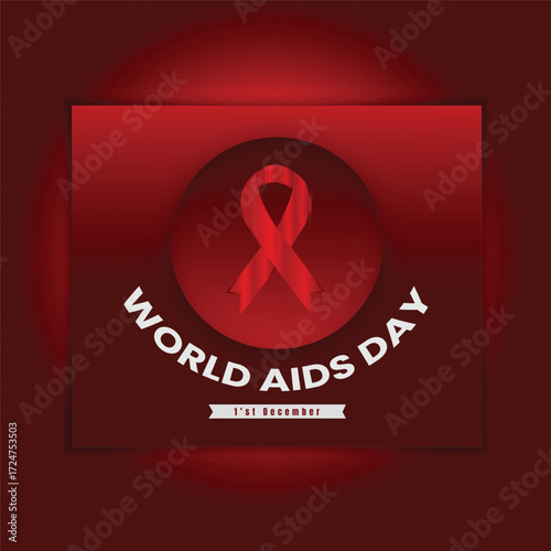 Flat banner of world aids day December 1 with ribbon, world map, and text. United with the Red Ribbon, Global Hope & Compassion.