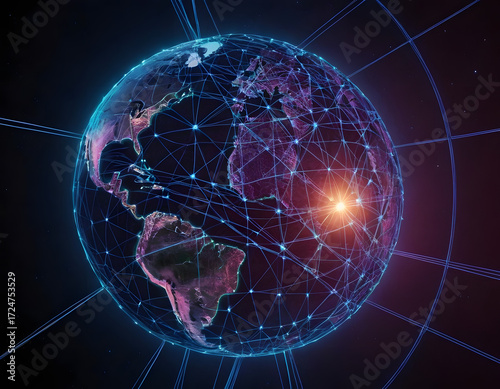 A globe of a planet surrounded by neural neon nexus lines, grid, and nodes. Creative concept of technological progress, the World Wide Web banner.  An abstract background with glowing stars.