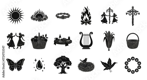 Black Vector Silhouettes for a Midsummer Solstice Festival Whimsical Pagan Folk Style