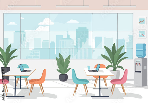 The interior of a modern and empty co-working space or office cafe with furniture, laptops, and a large window with a city view