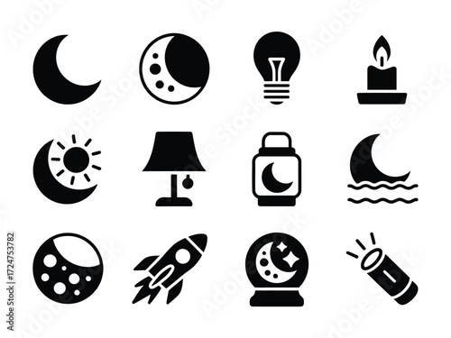 Set of 12 black and white icons for night sky and lighting elements vector illustration vector