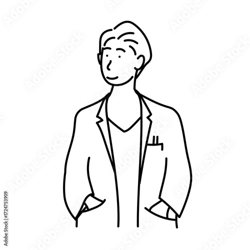 白衣を着た男性がポケットに手を入れて立つ姿をシンプルな線画で描いたイラスト｜医療や教育、プレゼンテーションなど信頼感を表現するシーンに使えるベクター素材