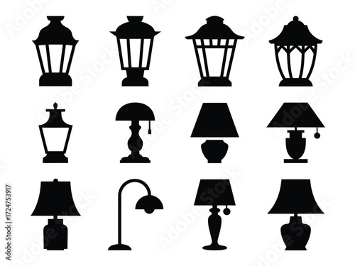 Set of 12 black silhouette illustrations of vintage and modern lamps and lanterns vector graphics vector