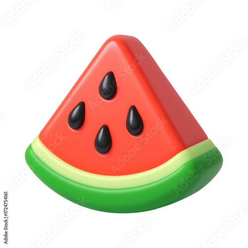 Vibrant cartoon watermelon slice with glossy finish, featuring red flesh, black seeds