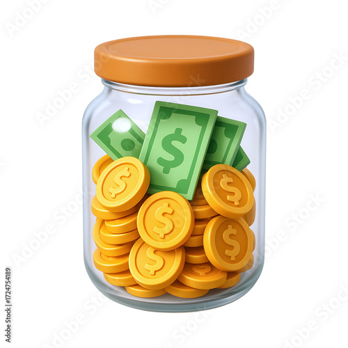 Glass jar filled with coins and banknotes symbolizes savings and financial planning