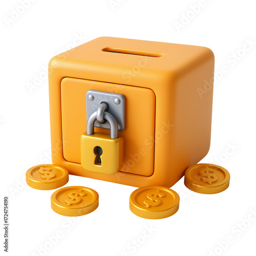 Vibrant savings box with lock, surrounded by shiny coins, symbolizes financial security